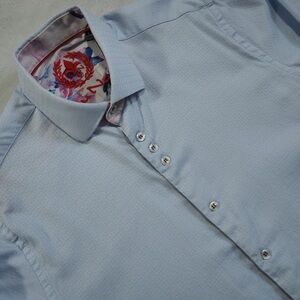 Au Noir Sz 2 (S) Light Blue Casual Button Down Shirt Cotton/Spandex Flip Cuff